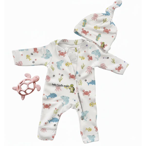 Baby Cotton Onesie Soft Baby Sleeper Romper with Two-Way Zipper, Fold-Over Cuffs & Matching Hat