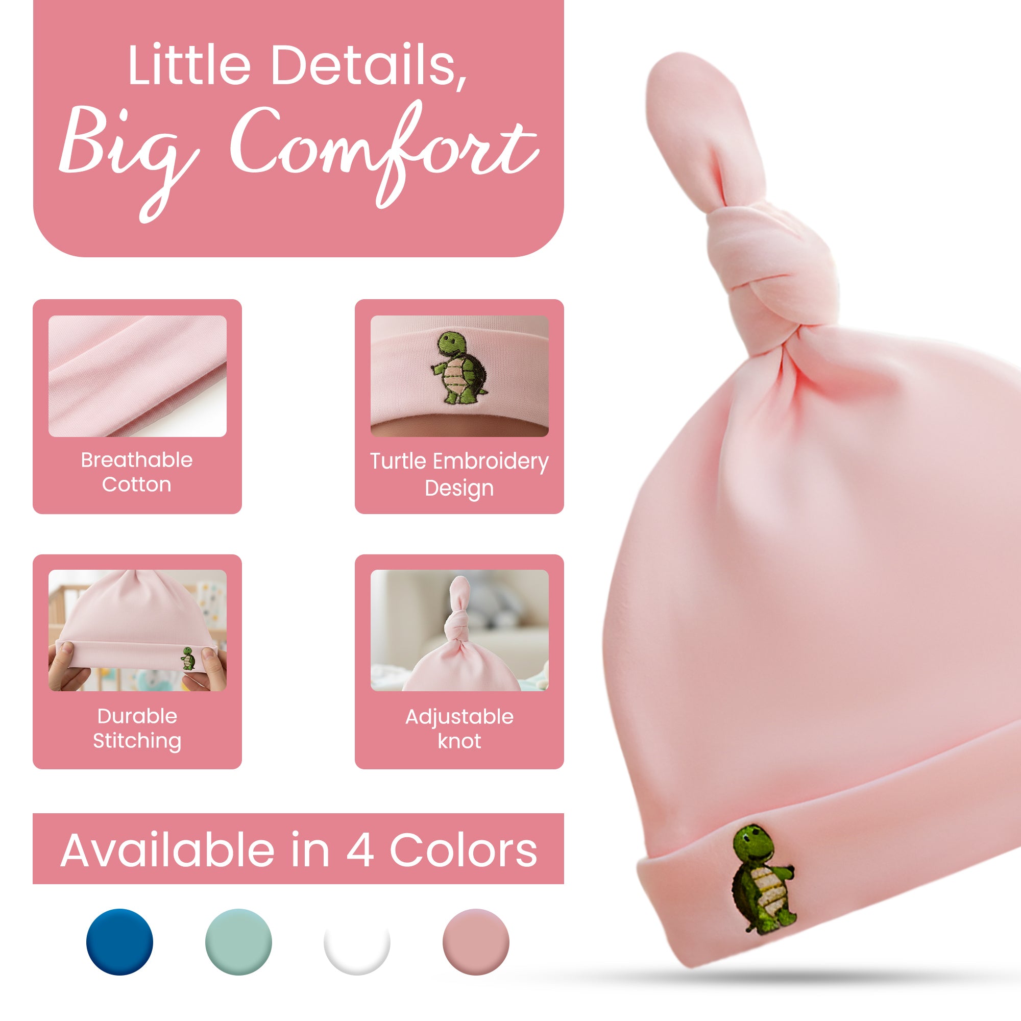 Newborn Knotted Hat Soft Breathable Cotton Beanie with Adjustable Knot for Baby Boys & Girls