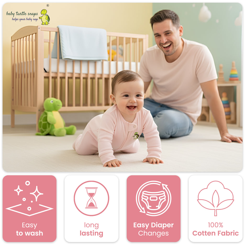 Baby wearing soft cotton onesie sleeper, cozy for day and night.