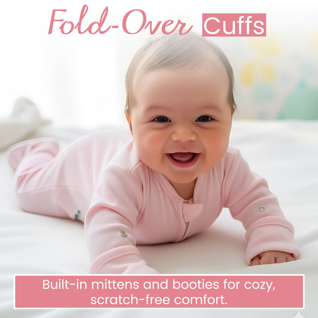 Baby wearing soft cotton onesie sleeper, cozy for day and night.