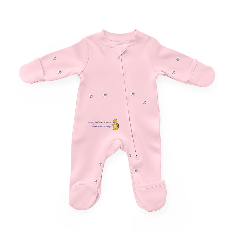 Soft baby cotton onesie with two-way zipper and fold-over cuffs for comfortable sleep.
